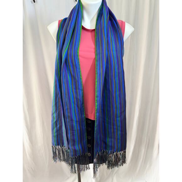 Striped Fringe Scarf – Blue, Green, and Purple - Picture 1 of 7